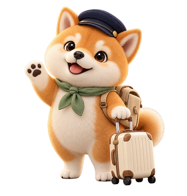 戴深藍導遊帽、綠圍巾，拉著旅行箱的 Mochi 柴犬